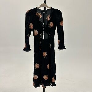 Black V-Neck Wrap Midi Dress with Bell Sleeves